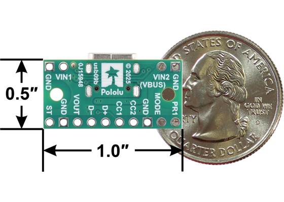 TPS2116 Power Multiplexer Carrier with USB Type-C Connector (non-USB priority), bottom view with dimensions.