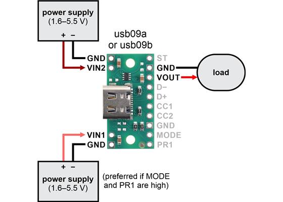 Typical connection diagram for using a TPS2116 power multiplexer carrier without USB.