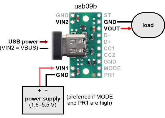 Typical connection diagram for using a TPS2116 power multiplexer carrier (usb09b) with the non-USB source as the preferred supply in priority mode.