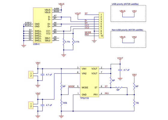 Schematic diagram of the TPS2116 Power Multiplexer Carrier with USB Type-C Connector.