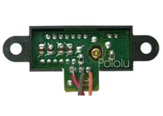 Sharp analog distance sensor, back view with wires soldered directly to the sensor PCB.