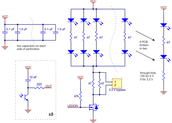 Schematic diagram of the QTR-8RC reflectance sensor array.
