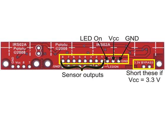 QTR-8x reflectance sensor array with 11×1 connection pins labeled.