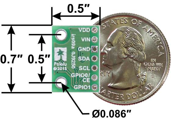 VL6180X Time-of-Flight Distance Sensor Carrier, bottom view with dimensions.
