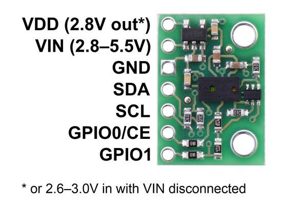 Pinout diagram of the VL6180X Time-of-Flight Distance Sensor Carrier.