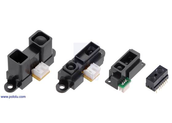 A variety of Sharp distance sensors.  From left to right: GP2Y0A02, GP2Y0A21 or GP2Y0A41, GP2Y0A51, and GP2Y0D8xx.
