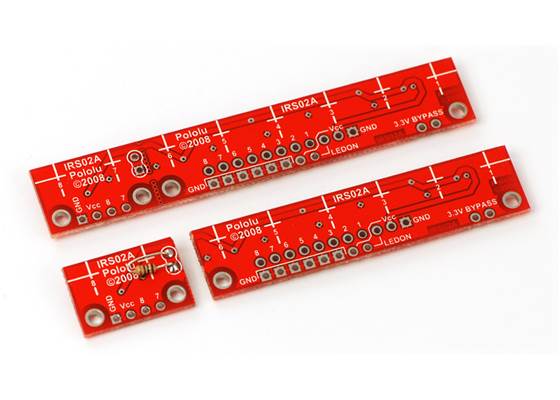 The bottom of the QTR-8A reflectance sensor array PCB, showing silkscreen labeling.