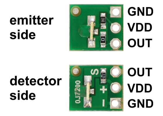 QTR-L-1A reflectance sensor emitter and detector sides with labeled pinout.