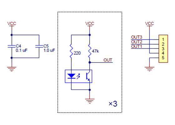 Schematic diagram for the QTR-3A reflectance sensor array.