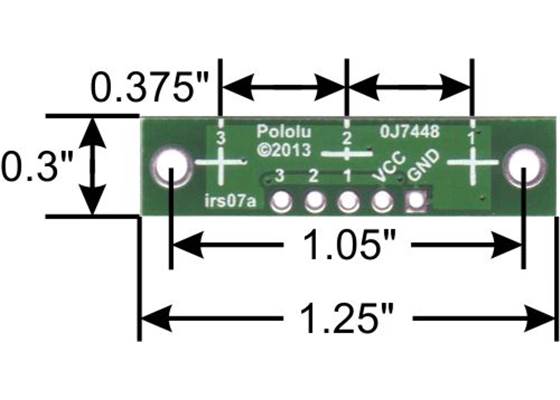 QTR-3A or QTR-3RC reflectance sensor array, bottom view with dimensions.