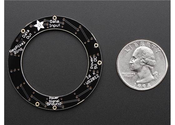 Adafruit 16-LED NeoPixel ring, bottom view with a US quarter for size reference.