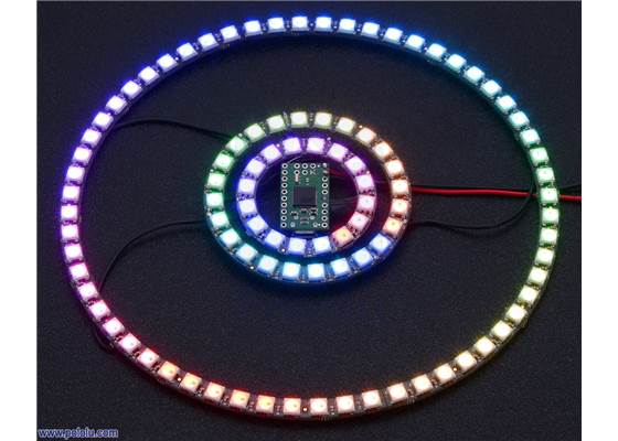 Adafruit 16-, 24-, and 4x15-LED NeoPixel rings being controlled by an A-Star 32U4 Micro.