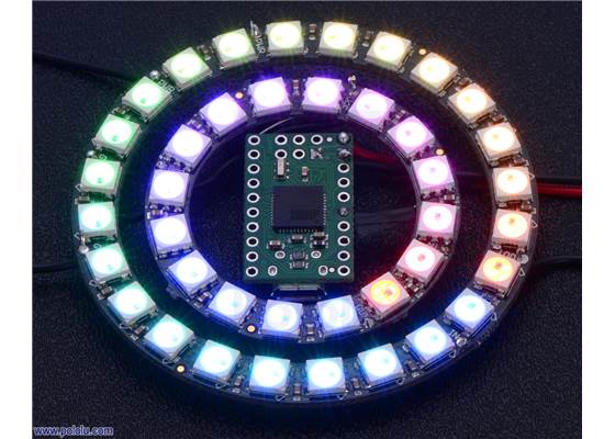 Adafruit 16- and 24-LED NeoPixel rings being controlled by an A-Star 32U4 Micro.