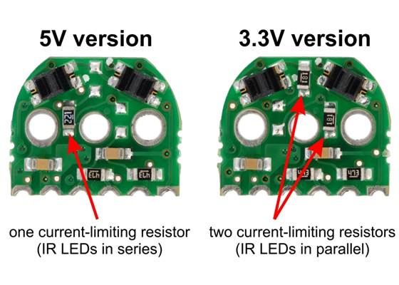Comparison of 5V and 3.3V reflective optical encoders for Micro Metal Gearmotors.