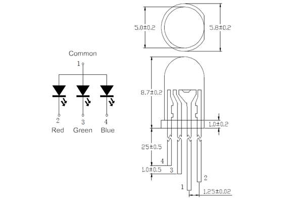 Dimensions of the T1-3/4 (5mm) RGB LED with Diffused Lens (5-pack).