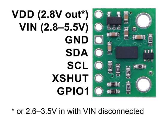 Pinout diagram of the VL53L0X Time-of-Flight Distance Sensor Carrier.