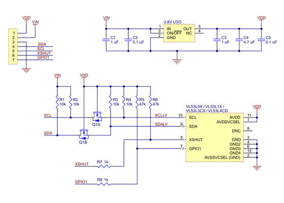 Schematic diagram of the VL53L0X/&ZeroWidthSpace;VL53L1X/&ZeroWidthSpace;VL53L3CX/&ZeroWidthSpace;VL53L4CD Time-of-Flight Distance Sensor Carrier.