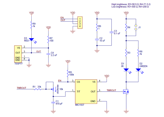 Schematic diagram for the Pololu 38&nbsp;kHz IR proximity sensor.