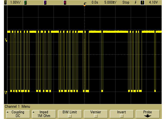 Oscilloscope capture of typical Pololu 38&nbsp;kHz IR proximity sensor output close to its threshold of detection.