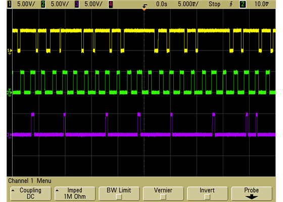 Oscilloscope capture of typical Pololu 38&nbsp;kHz IR proximity sensor output when it is weakly, moderately, and strongly affected by fluorescent lights (top to bottom).
