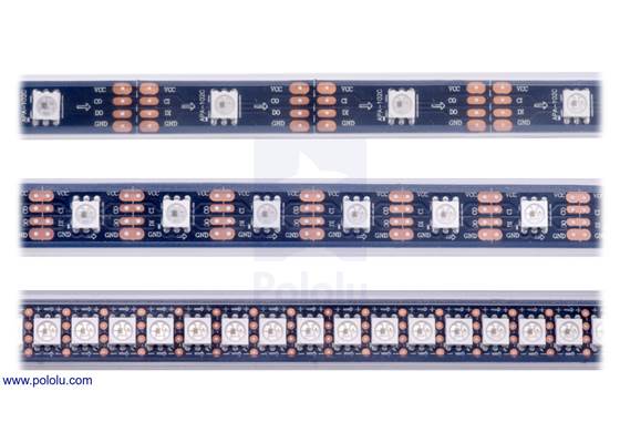 LED side of the APA102C or SK9822 addressable LED strips, showing 30 LEDs/m (top), 60 LEDs/m (middle), and 144 LEDs/m (bottom).