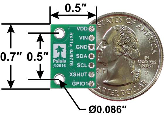 VL53L0X/VL53L1X/VL53L3CX/VL53L4CD Time-of-Flight Distance Sensor Carrier, bottom view with dimensions.