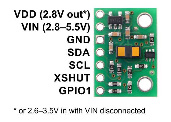 Pinout diagram of the VL53L1X Time-of-Flight Distance Sensor Carrier.