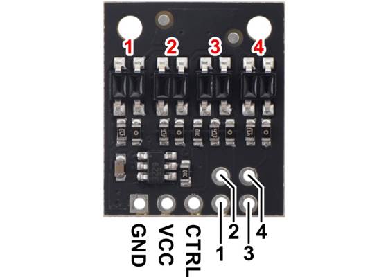 Pinout diagram of the QTR-HD-04A Reflectance Sensor Array.