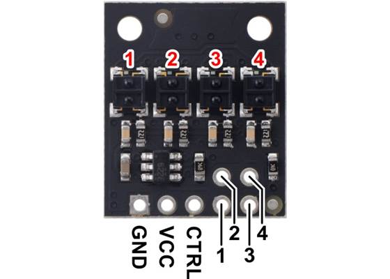 Pinout diagram of the QTRX-HD-04RC Reflectance Sensor Array.