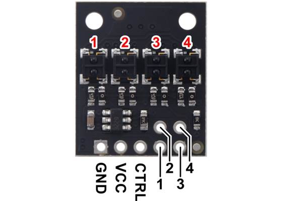 Pinout diagram of the QTRX-HD-04A Reflectance Sensor Array.