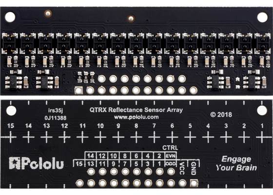 QTRX-HD-15RC Reflectance Sensor Array, front and back views.