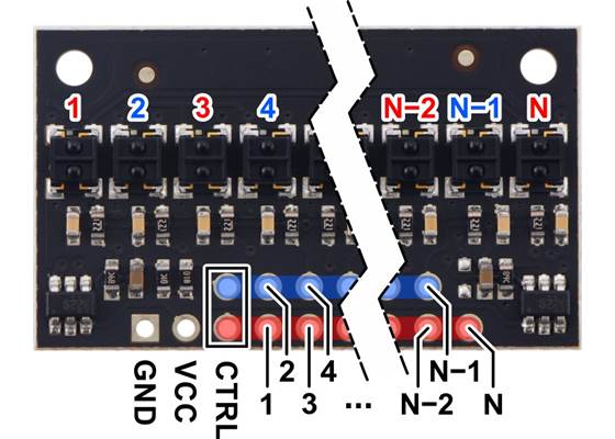 Pinout diagram of a QTRX-HD-xRC Reflectance Sensor Array.