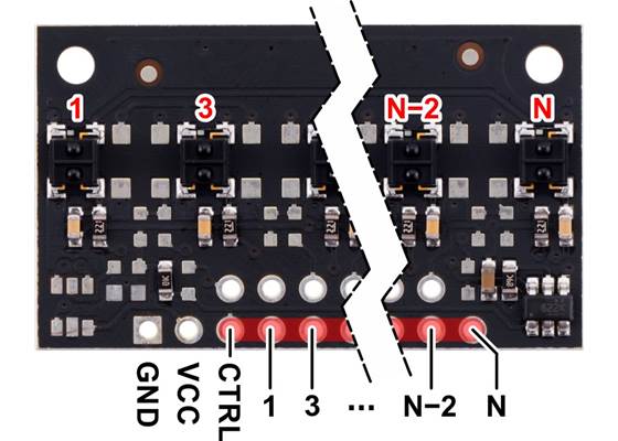 Pinout diagram of a QTRX-MD-xRC Reflectance Sensor Array.