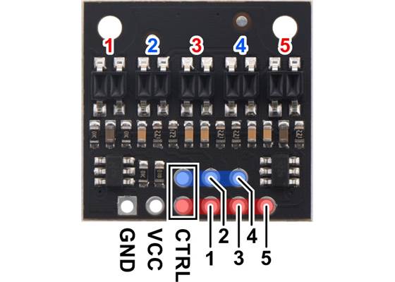 Pinout diagram of the QTR-HD-05RC Reflectance Sensor Array.