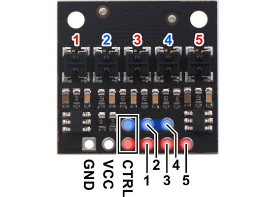 Pinout diagram of the QTRX-HD-05RC Reflectance Sensor Array.