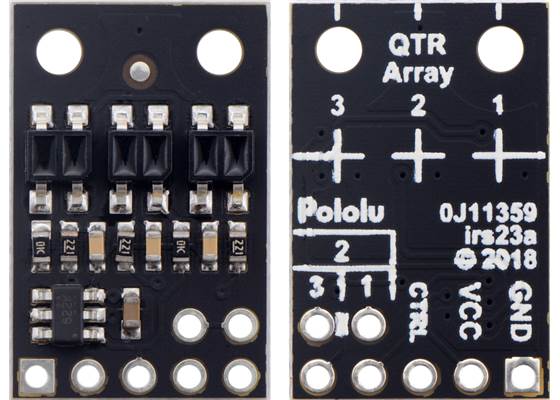 QTR-HD-03RC Reflectance Sensor Array, front and back views.