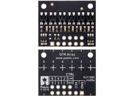 QTR-HD-06RC Reflectance Sensor Array, front and back views.