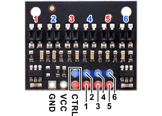 Pinout diagram of the QTR-HD-06RC Reflectance Sensor Array.