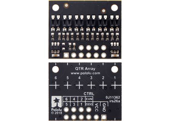 QTR-HD-06A Reflectance Sensor Array, front and back views.