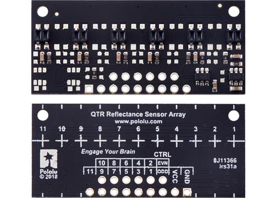 QTR-MD-06RC Reflectance Sensor Array, front and back views.