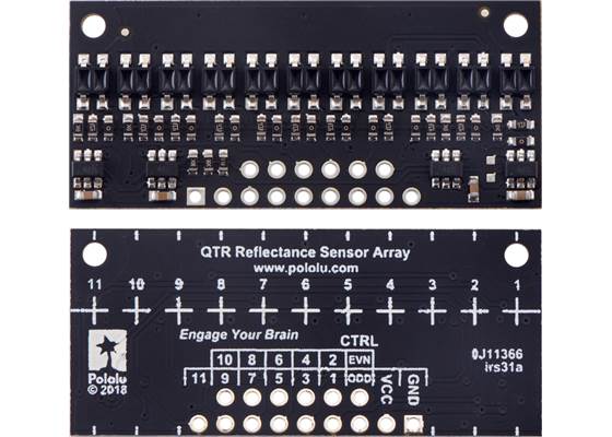 QTR-HD-11A Reflectance Sensor Array, front and back views.