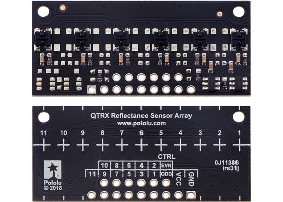 QTRX-MD-06RC Reflectance Sensor Array, front and back views.