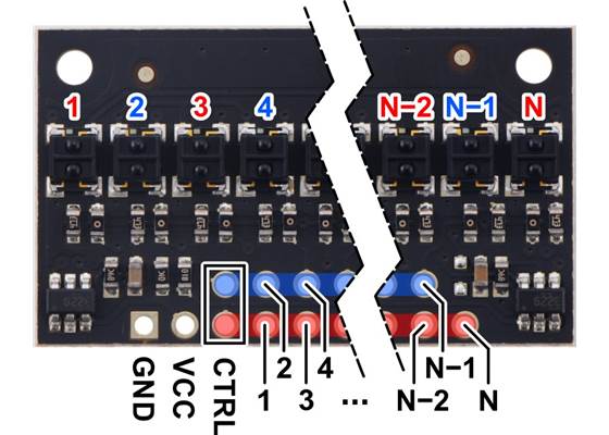 Pinout diagram of a QTRX-HD-xA Reflectance Sensor Array.