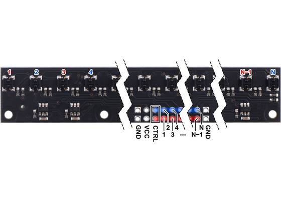 Pinout diagram of a QTRX-MD-xA Reflectance Sensor Array (larger MD boards with odd/even control).