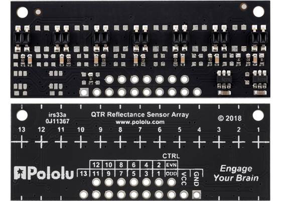 QTR-MD-07RC Reflectance Sensor Array, front and back views.