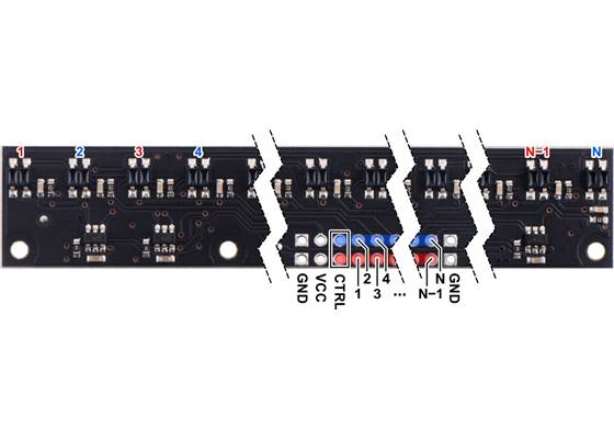 Pinout diagram of a QTR-MD-xRC Reflectance Sensor Array (larger MD boards with odd/even control).