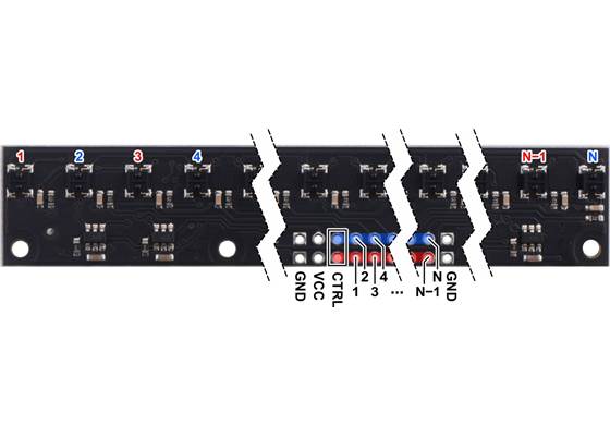 Pinout diagram of a QTRX-MD-xRC Reflectance Sensor Array (larger MD boards with odd/even control).