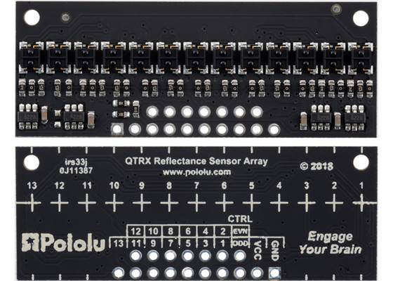 QTRX-HD-13A Reflectance Sensor Array, front and back views.