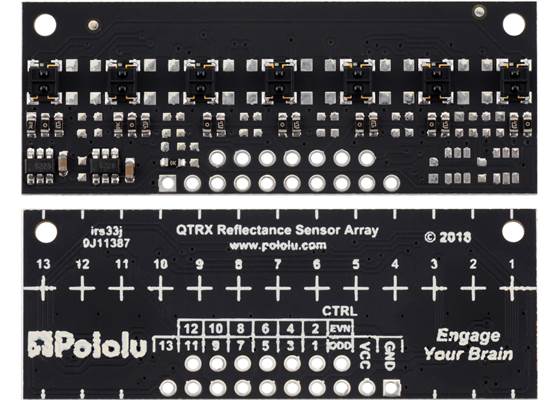 QTRX-MD-07A Reflectance Sensor Array, front and back views.