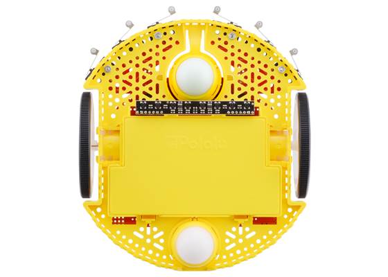Bottom view of Romi chassis with 8-Channel QTRX Sensor Array for Romi/TI-RSLK MAX and optional front ball caster.